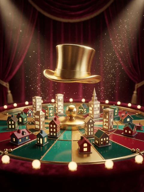 Monopoly Live Game Show mit 3D-Stadt und goldenem Gl&uuml;cksrad bei Casina Casino