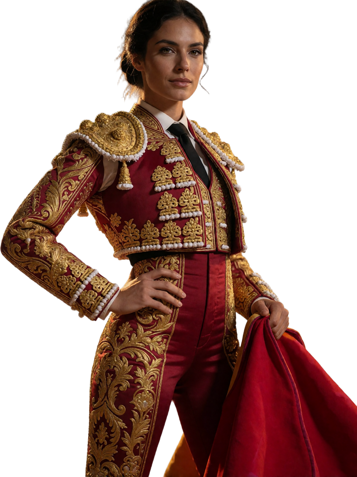 Selbstbewusstes Torero-Modell mit roter Muleta im Casina Casino Arena-Look