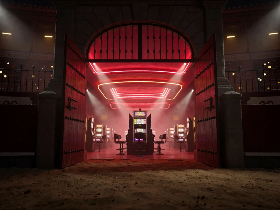 Neon-erleuchtetes Arena-Tor von Casina Casino &ouml;ffnet sich zur Spiele-Lobby mit 12.900+ Casino Spielen