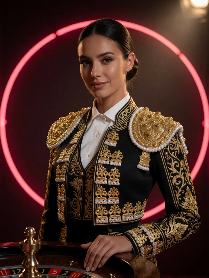 Live-Dealerin im eleganten schwarzen Torero-Outfit am Roulette-Tisch im Casina Casino Live Casino