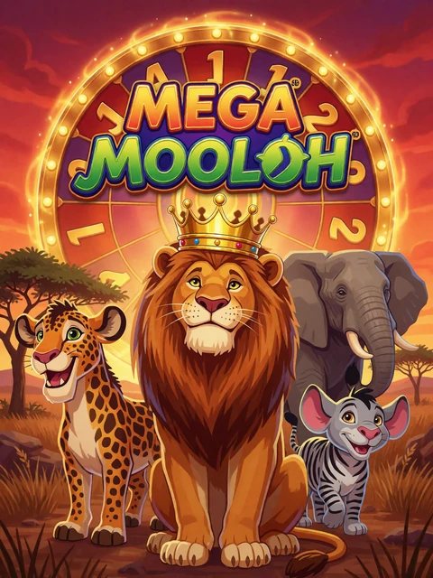 Jackpot-Slot-Cover von Mega Moolah mit Savannen-Tieren und Jackpot-Rad bei Casina Casino