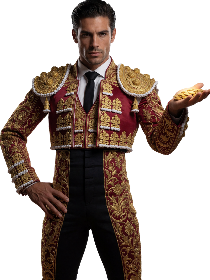 Torero-Modell im goldbestickten Traje de Luces pr&auml;sentiert goldene Casina Casino Bonus-M&uuml;nzen